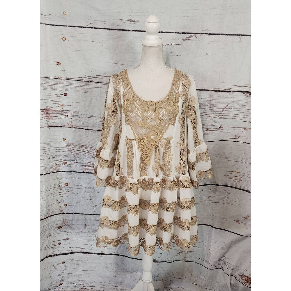Antica Sartoria by Giacomo Cinque Gold Crochet Mini Dress/Swim Cover OneSize NWT